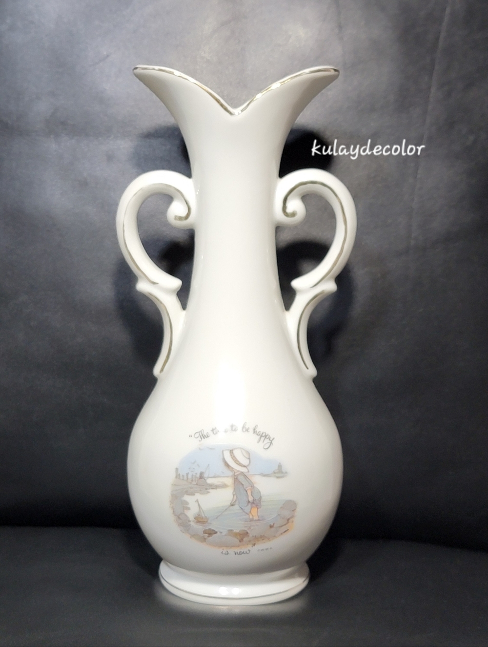 1972 Holly Hobbie Genuine Porcelain Vase Japan Made Double Handle MCM Gold Trim